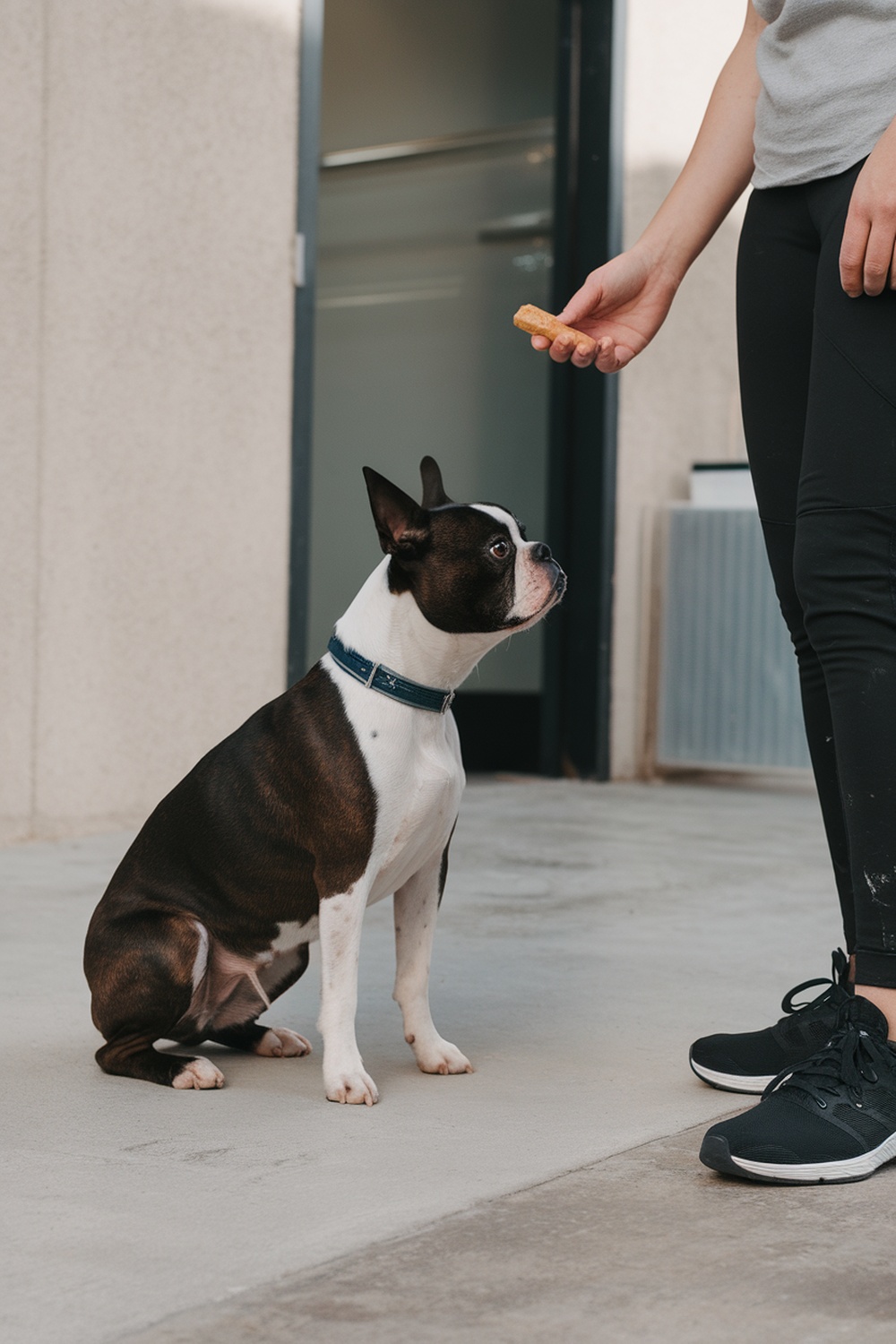A Boston Terrier sitting attentively while looking at a treat held by a person.