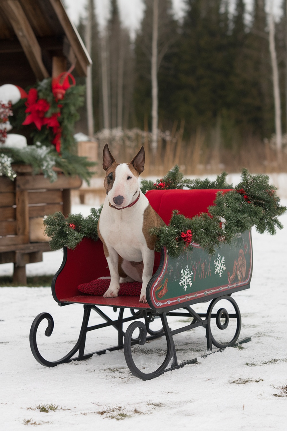 A Bull Terrier sitting in a decorated sleigh with holiday ornaments.