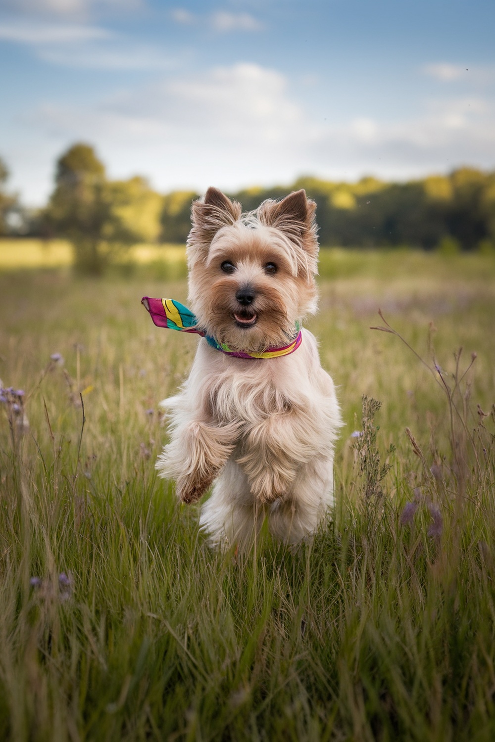 A cheerful Cairn Terrier jumping in a grassy field