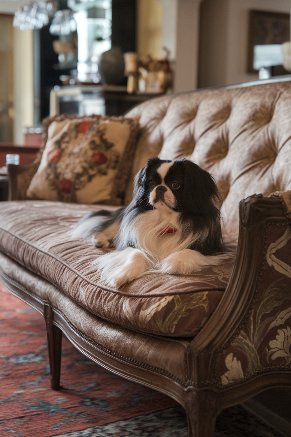 A Pekingese Terrier lounging on a vintage sofa.