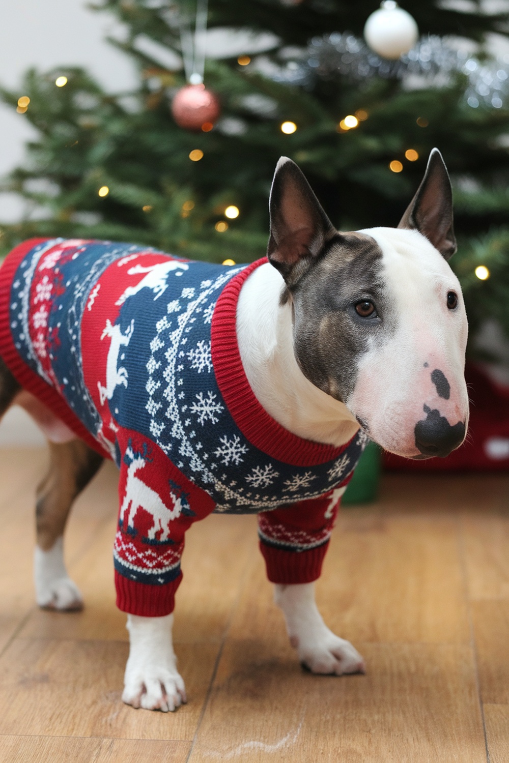 Bull Terrier wearing a Christmas sweater with snowflakes and reindeer design