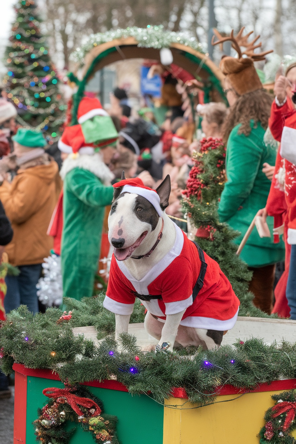 A Bull Terrier in a Santa suit at a Christmas parade, surrounded by festive decorations and joyful people.