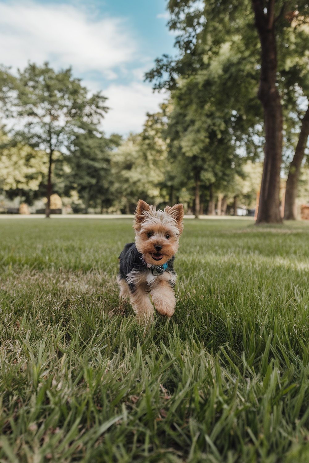 A playful Yorkie puppy running through a grassy park.