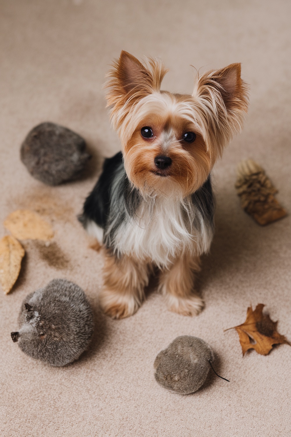 A Biewer Yorkie sitting on a carpet surrounded by small toys and leaves.