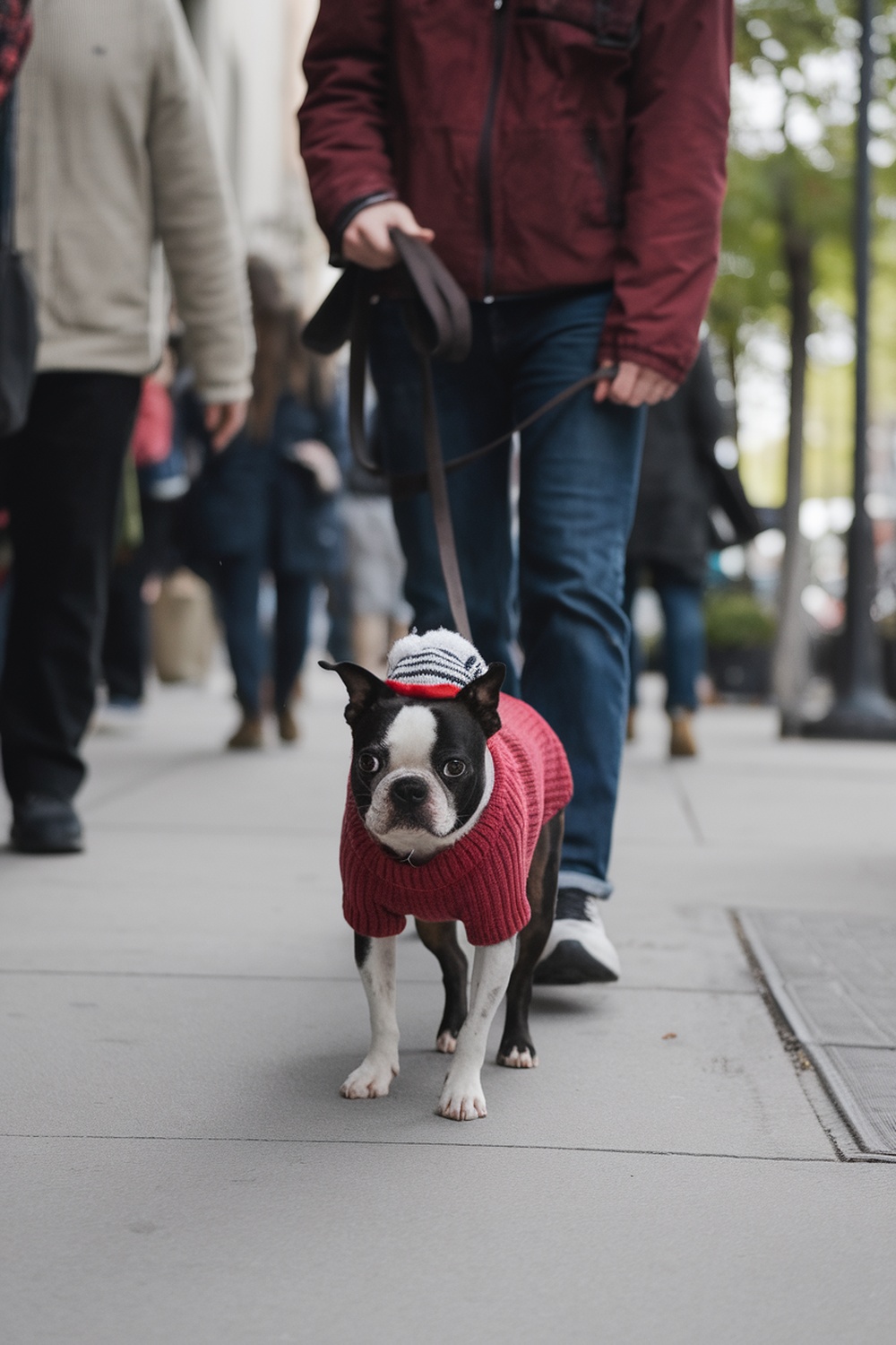 A Boston Terrier in a red sweater walking on a leash with a person in a busy street.