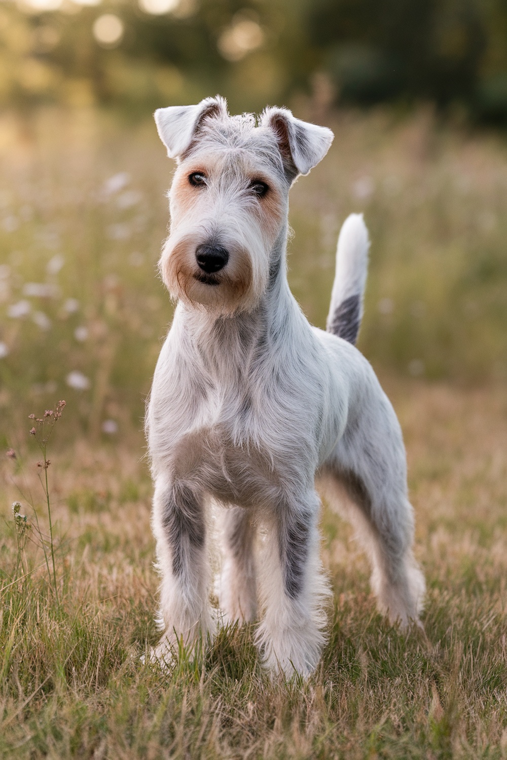 A Wire Fox Terrier standing in a grassy field with a playful expression.