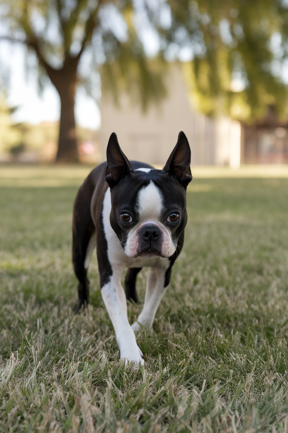 A Boston Terrier walking on grass