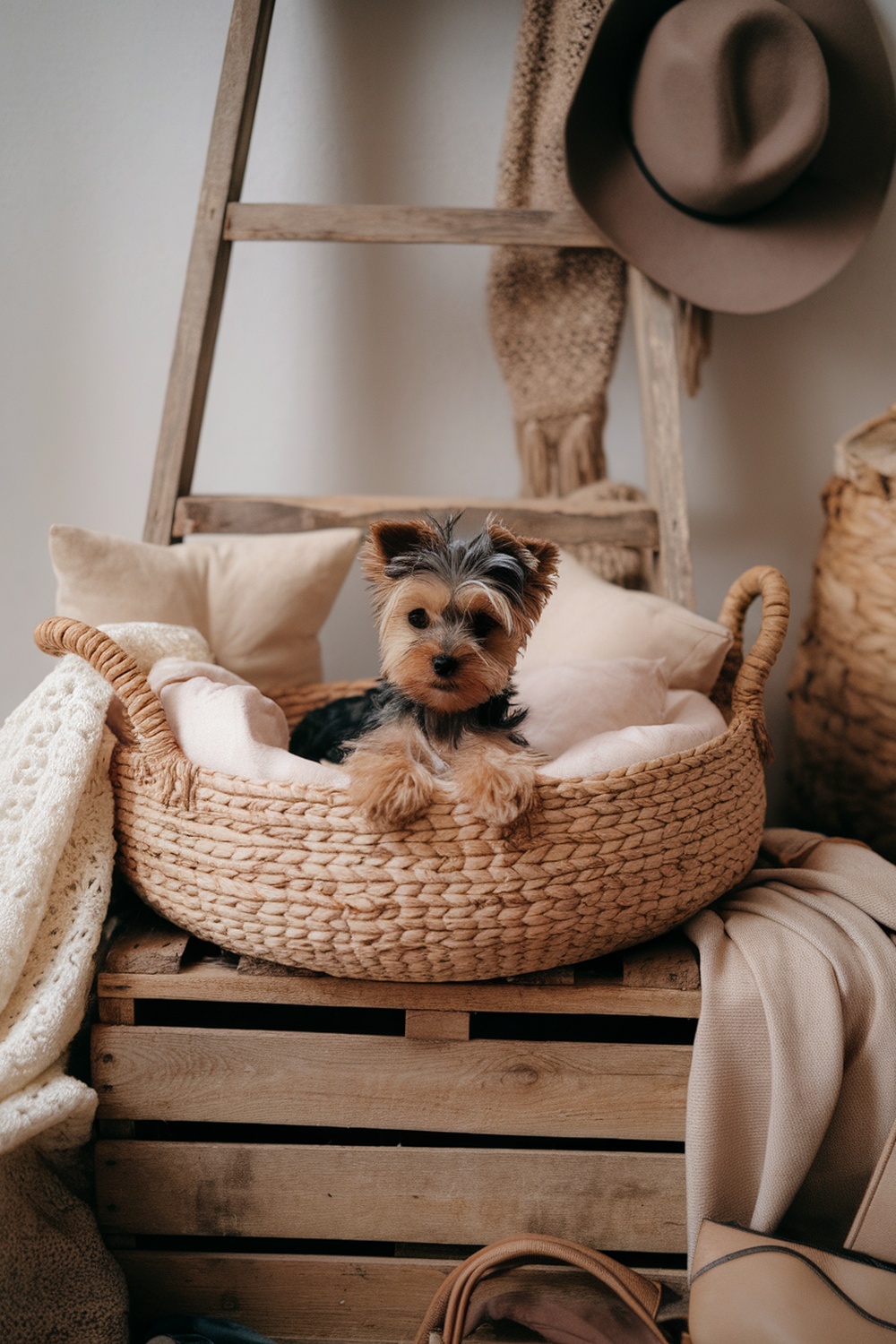 Yorkie puppy resting in a woven basket with pillows.