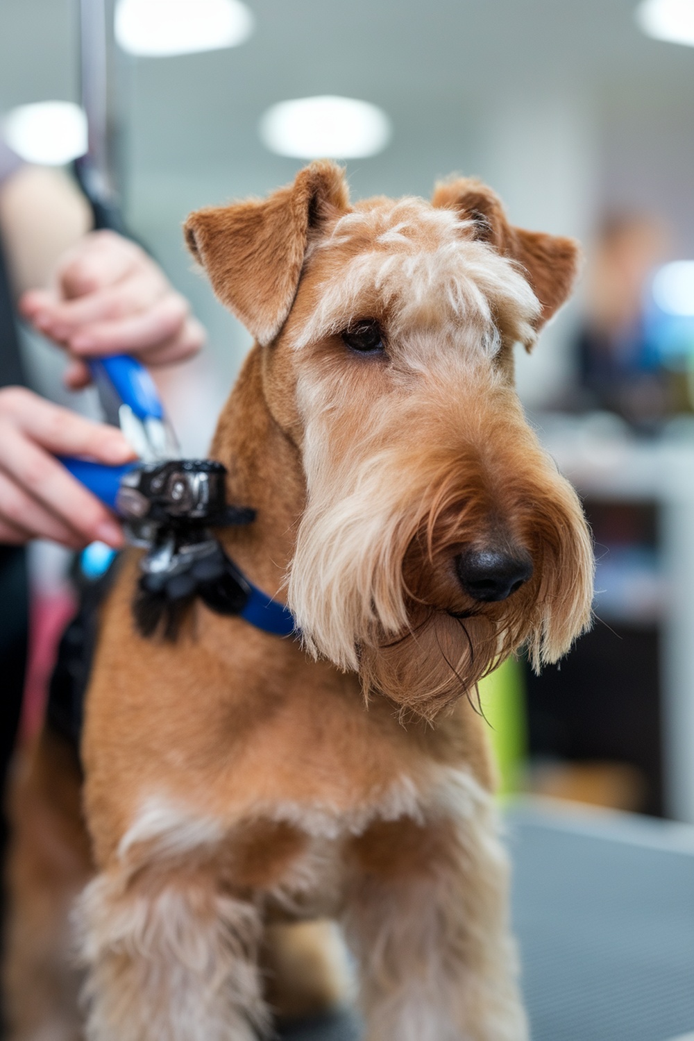 Airedale Terrier being groomed with scissors and clippers.