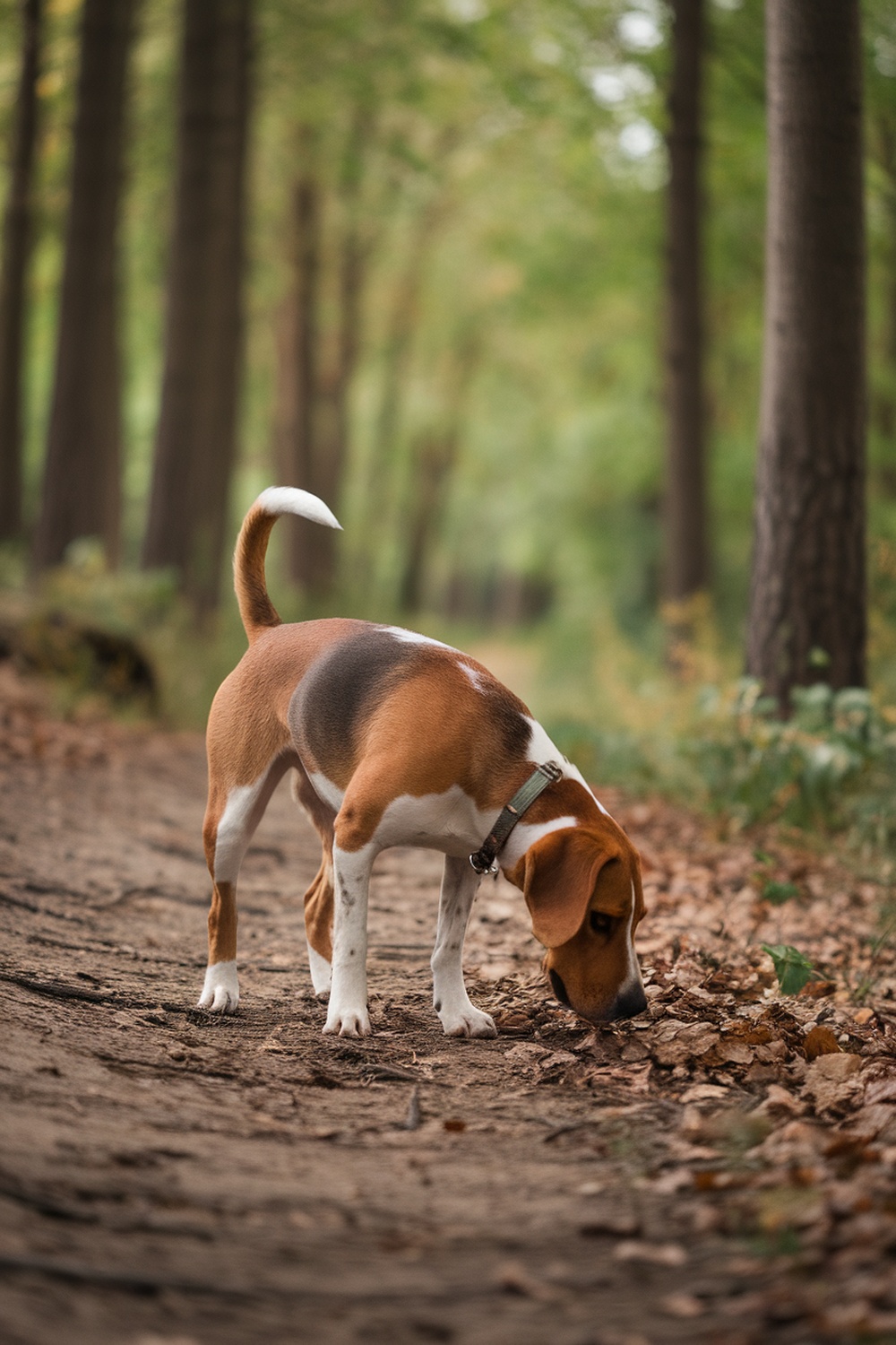 A Beagle sniffing around in a forest setting.