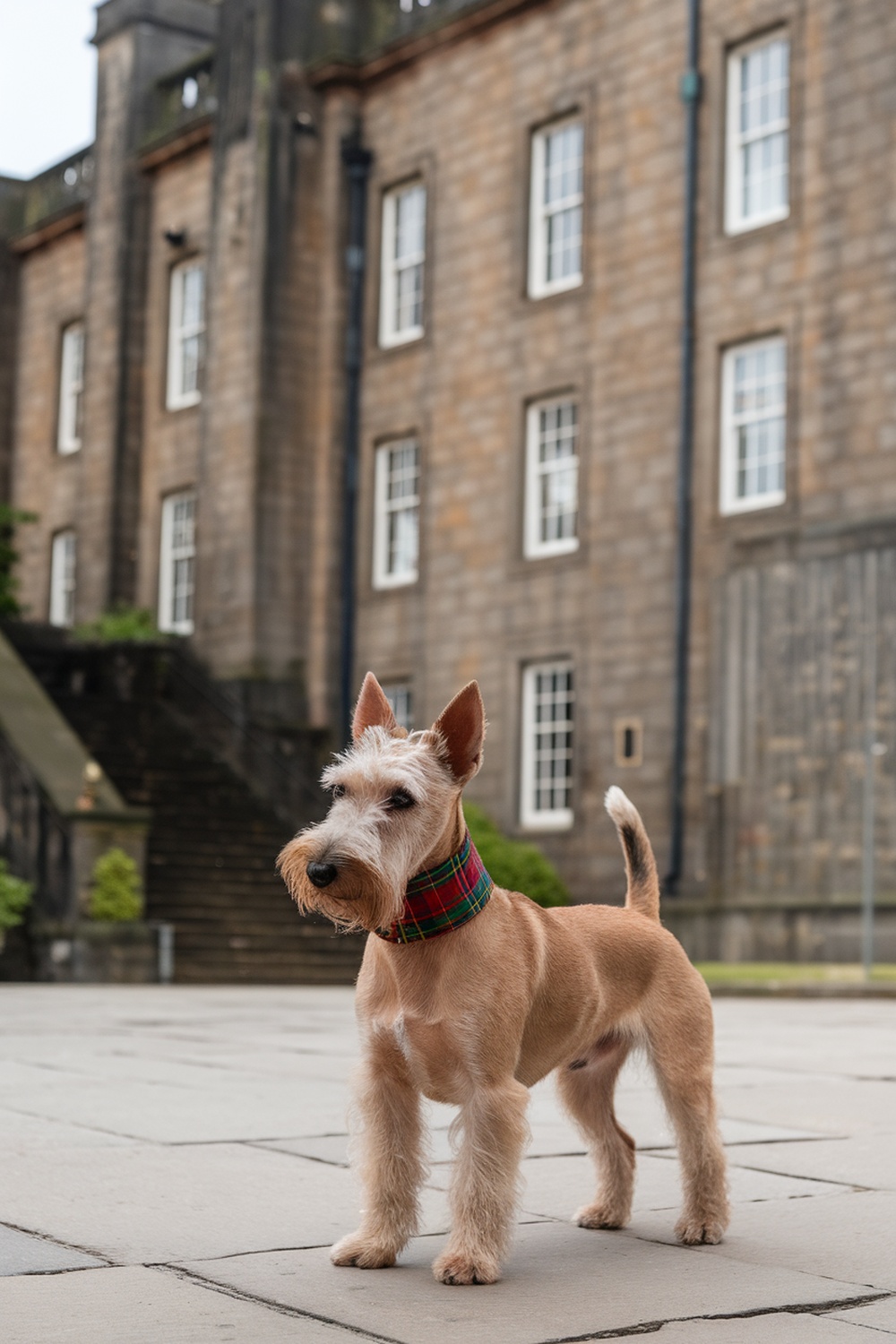 A Scottish Terrier standing in front of a stone building.