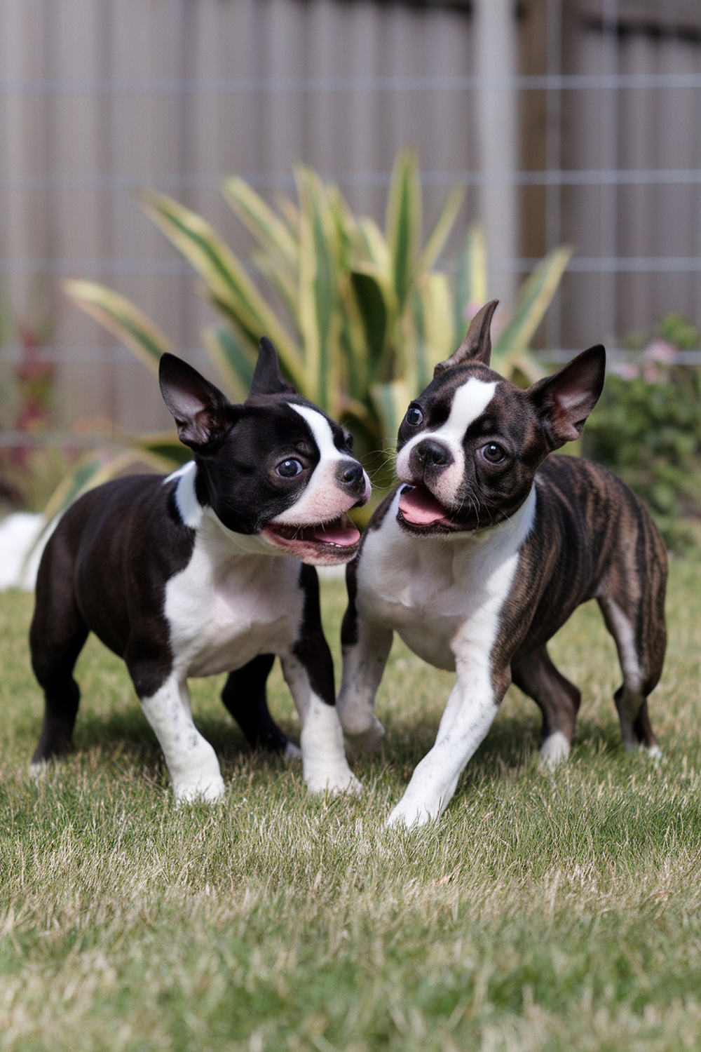 Two playful Boston Terrier puppies running on grass.