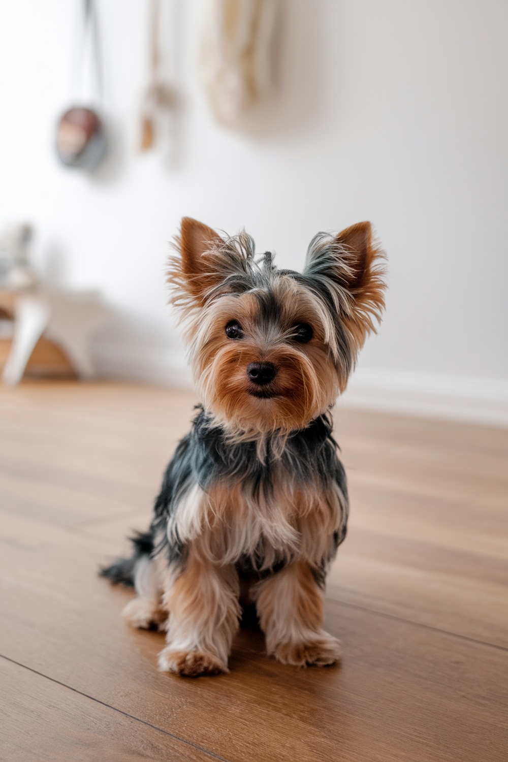 A cute Yorkie Poo sitting on a wooden floor, looking happy and healthy.