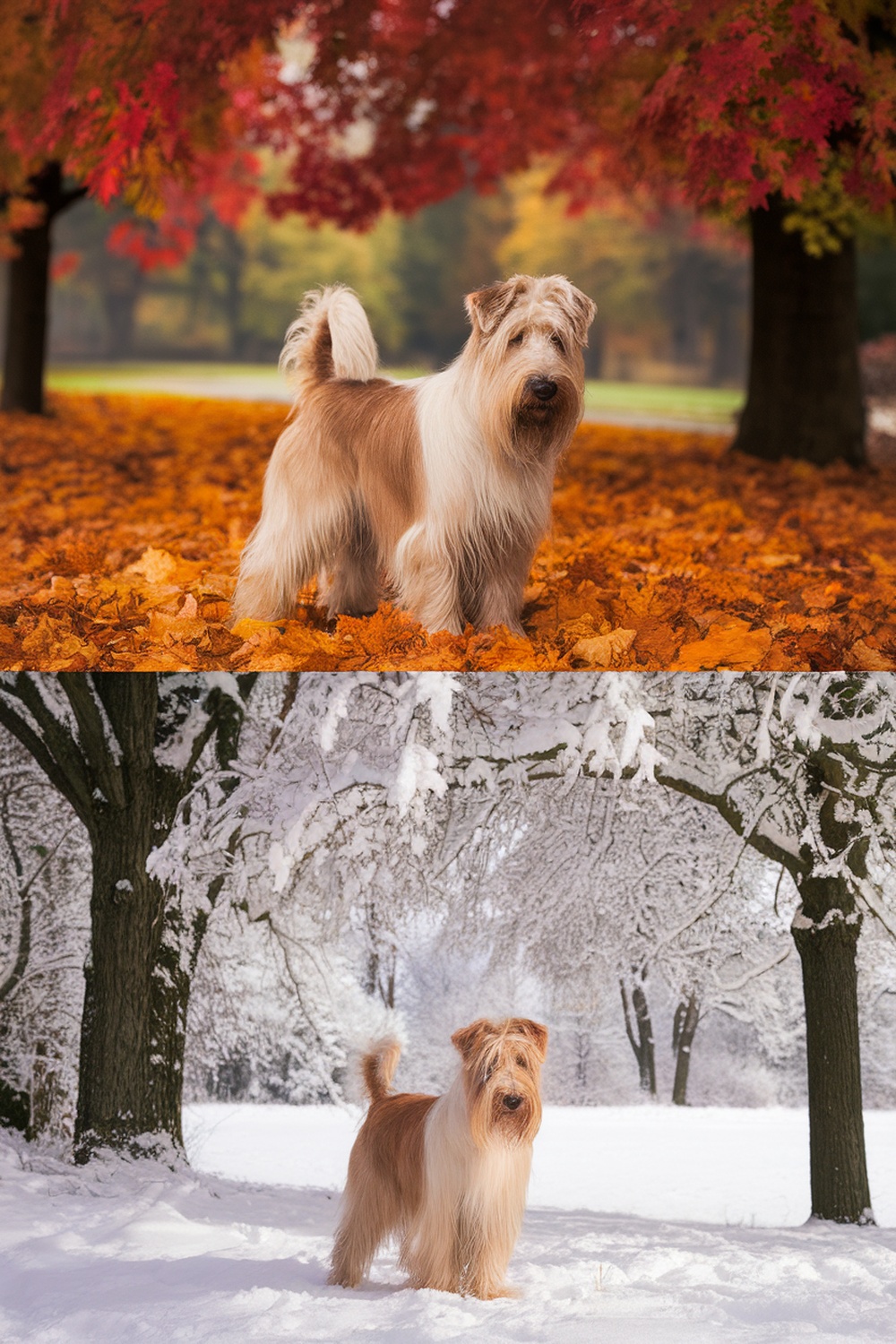 A Wheaten Terrier standing in a colorful autumn setting and a snowy winter landscape.