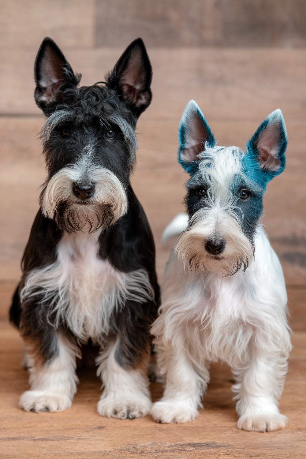 Two Scottish Terrier puppies, one black and one white with blue accents, sitting side by side.