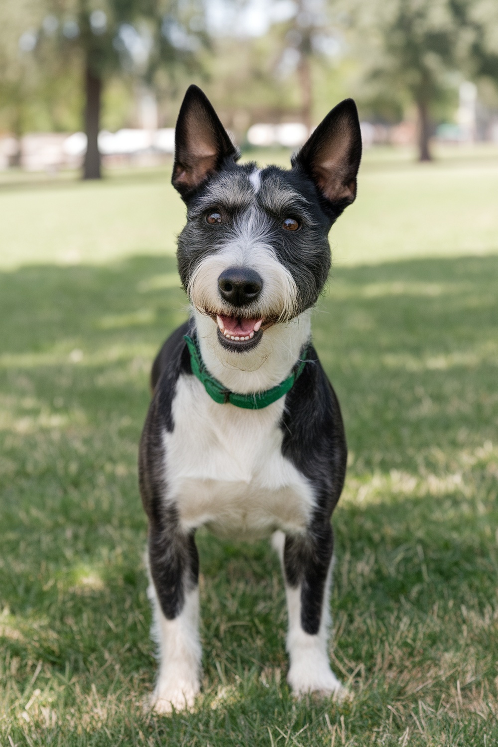 An Irish Terrier with a bright smile standing on grass.