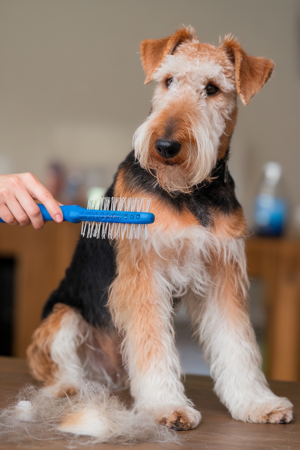 Airedale Terrier being groomed with a blue brush, showing loose hair on the table.