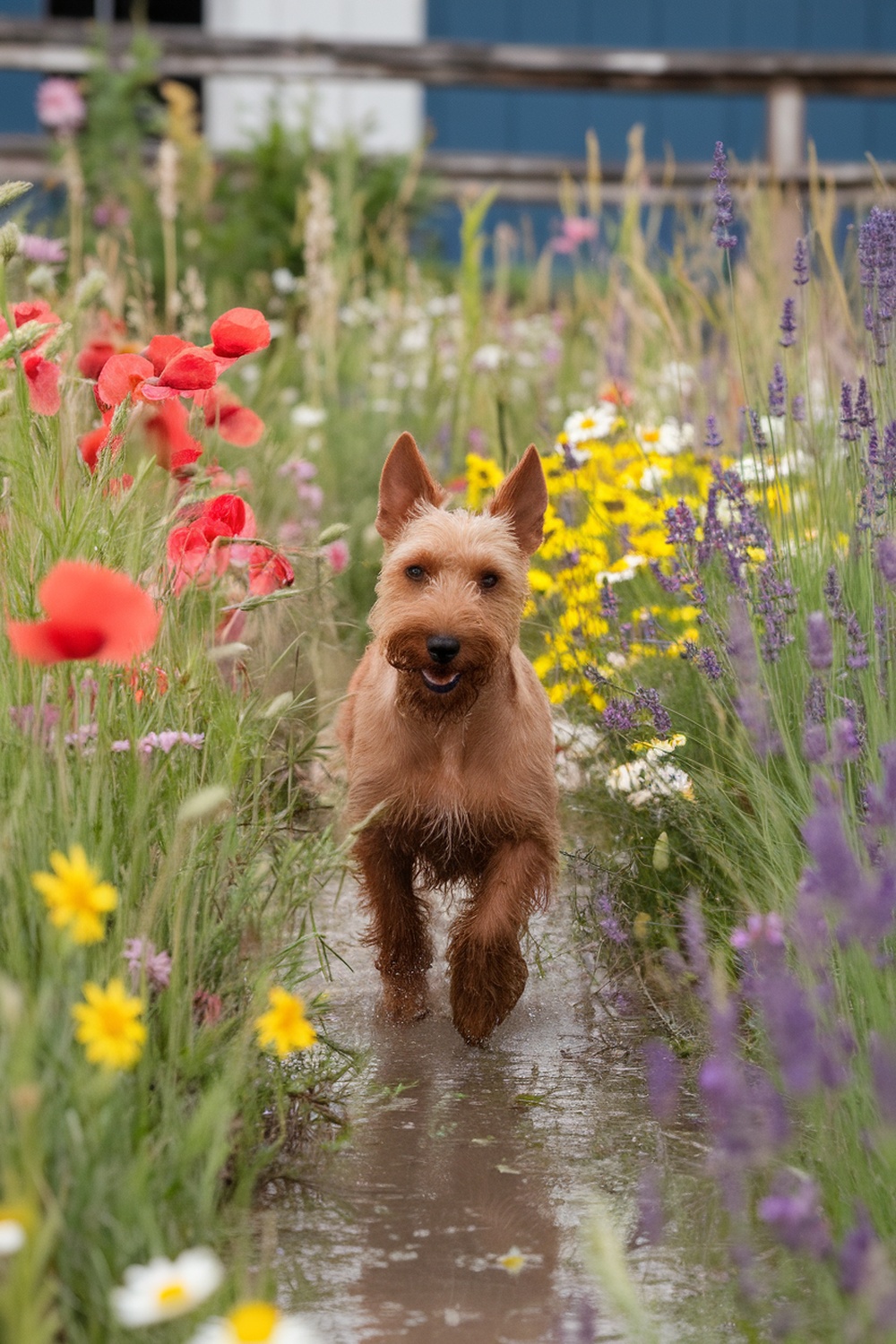 An Irish Terrier running through a colorful flower field.