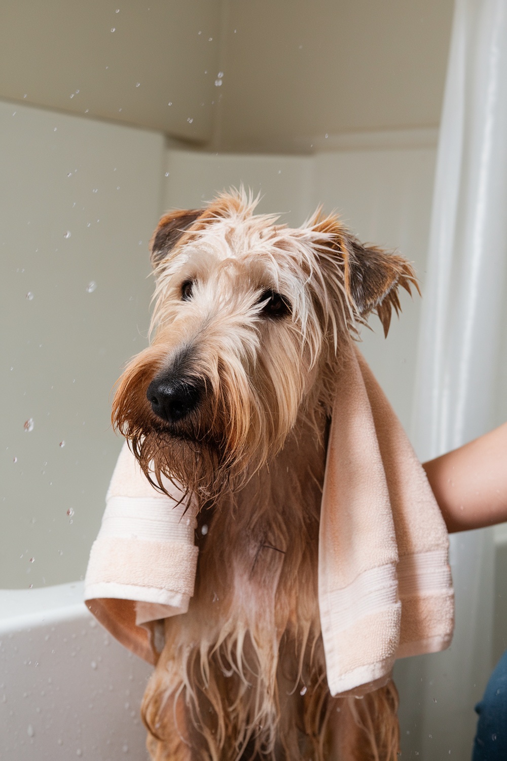 A Wheaten Terrier being dried with a towel after a bath.