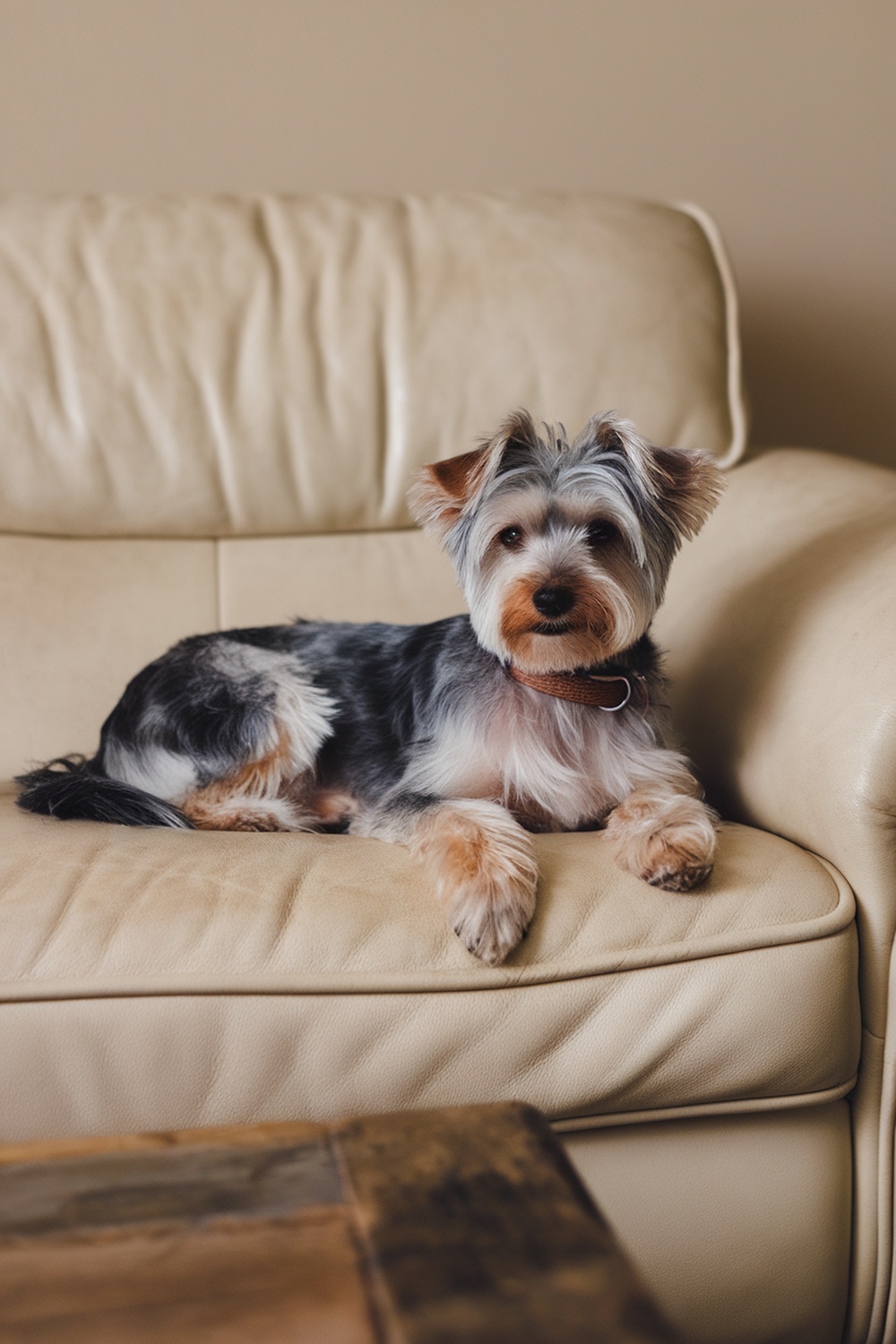 A Yorkie Poo relaxing on a couch.