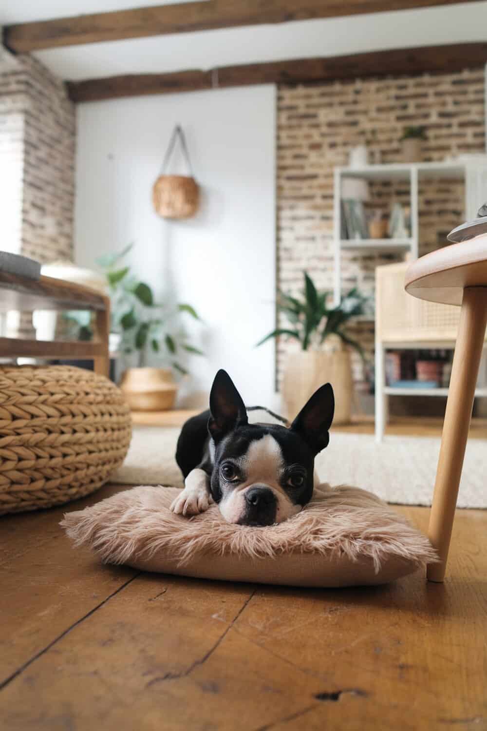 A Boston Terrier lying on a fluffy cushion in a stylish living room.