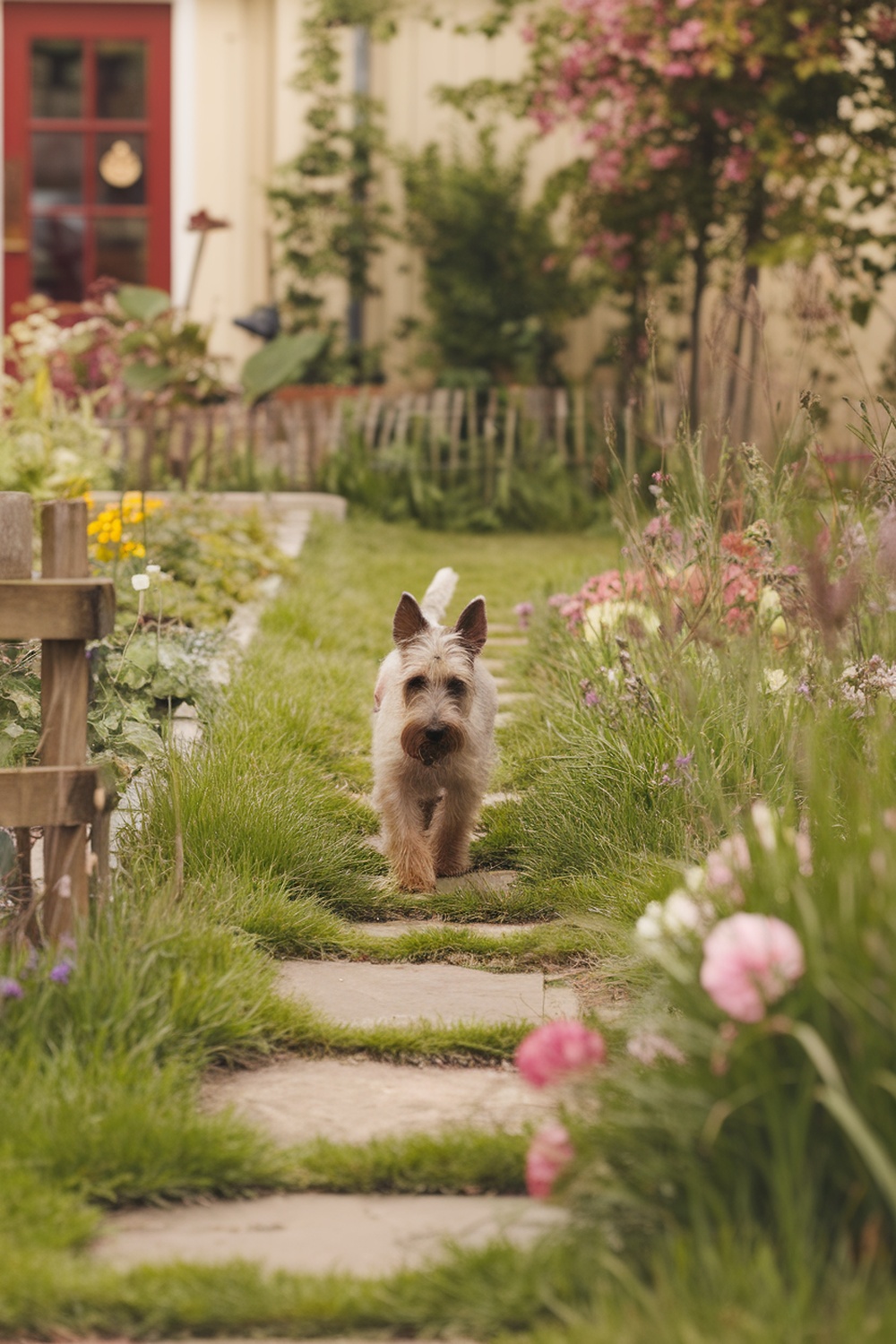 An Irish Terrier walking along a garden path surrounded by flowers.