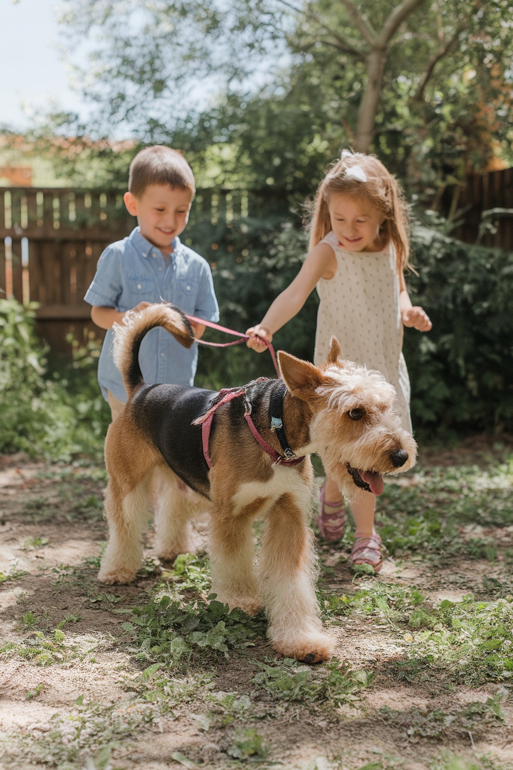 Airedale and Boston Terrier mix walking with children in a garden.