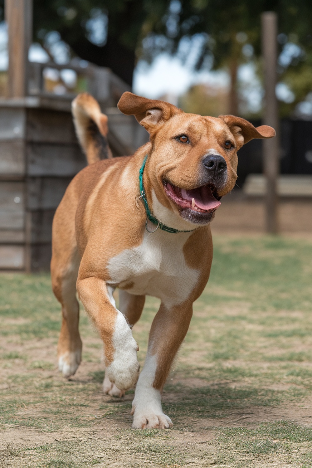 A happy Airedale and American Bulldog mix running in a park