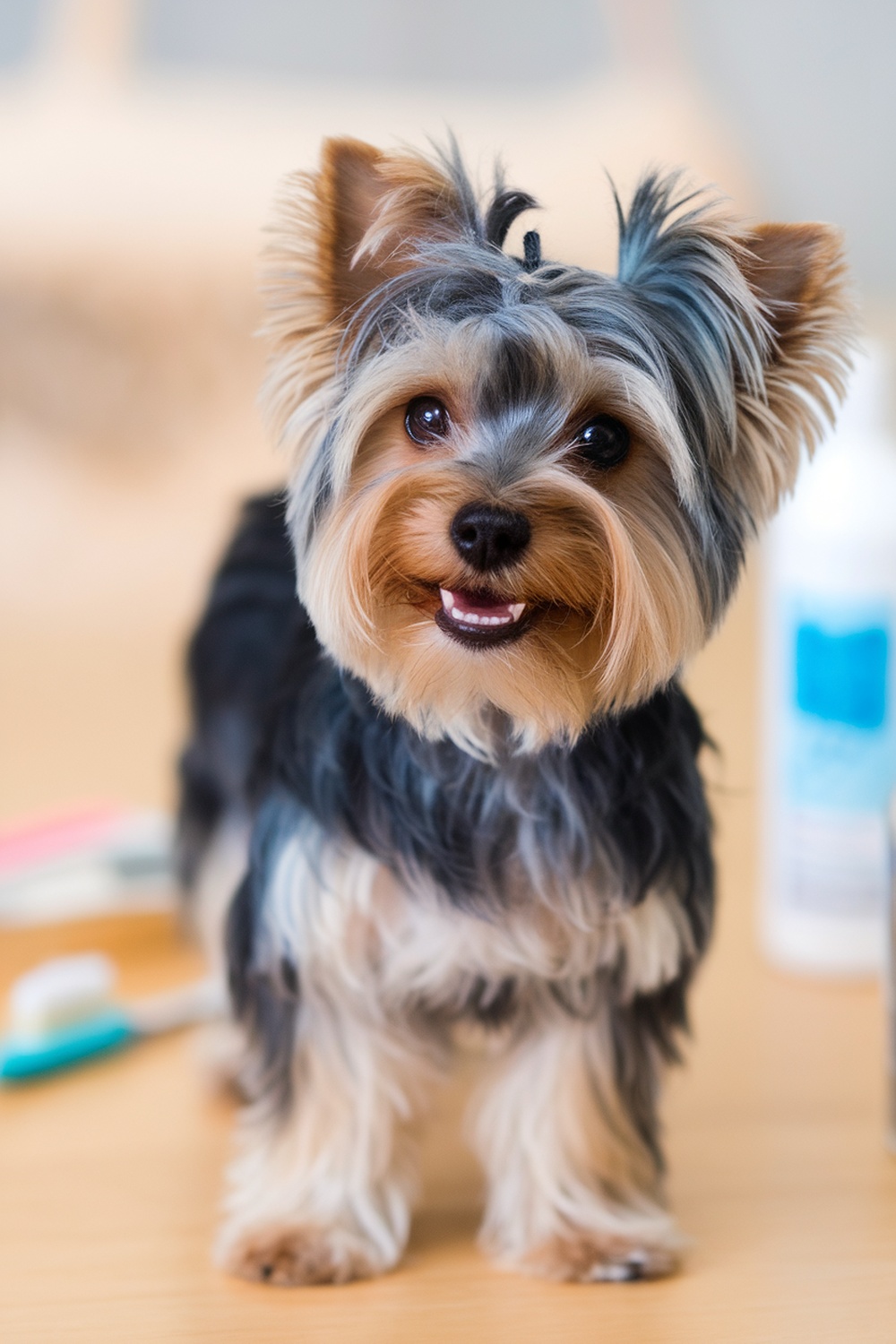 A Yorkie Poo with a bright smile, surrounded by dental care items.