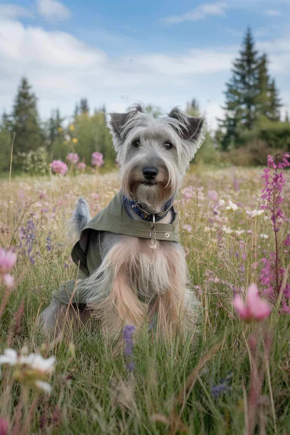 A Kerry Blue Terrier sitting in a field of flowers, showcasing its long, curly fur.