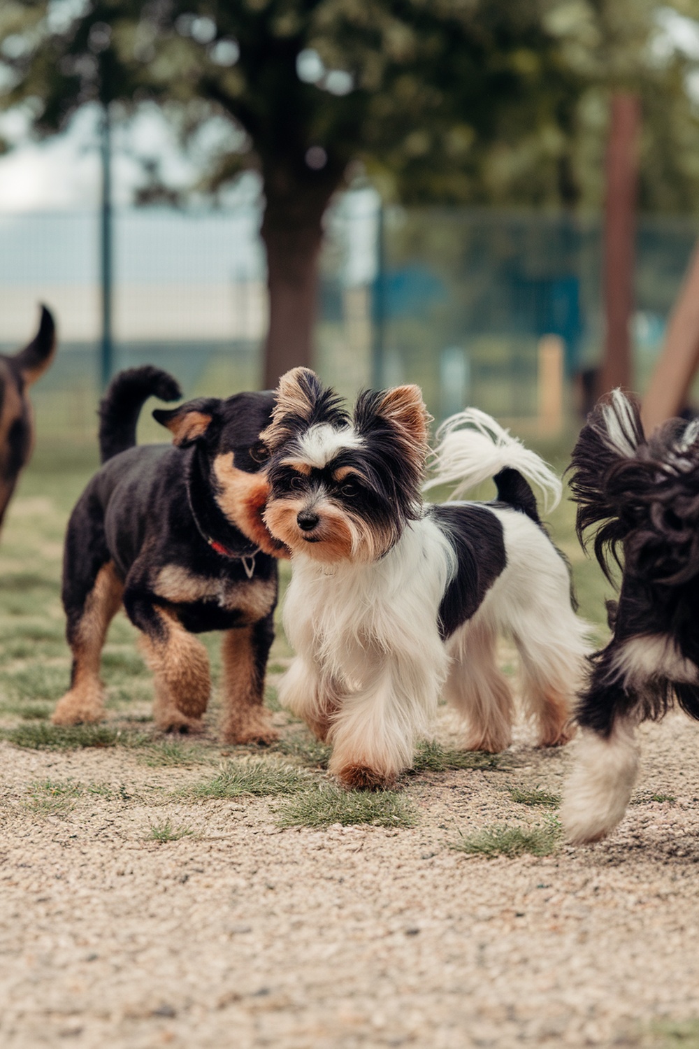 A group of Biewer Yorkies playing together in a park.