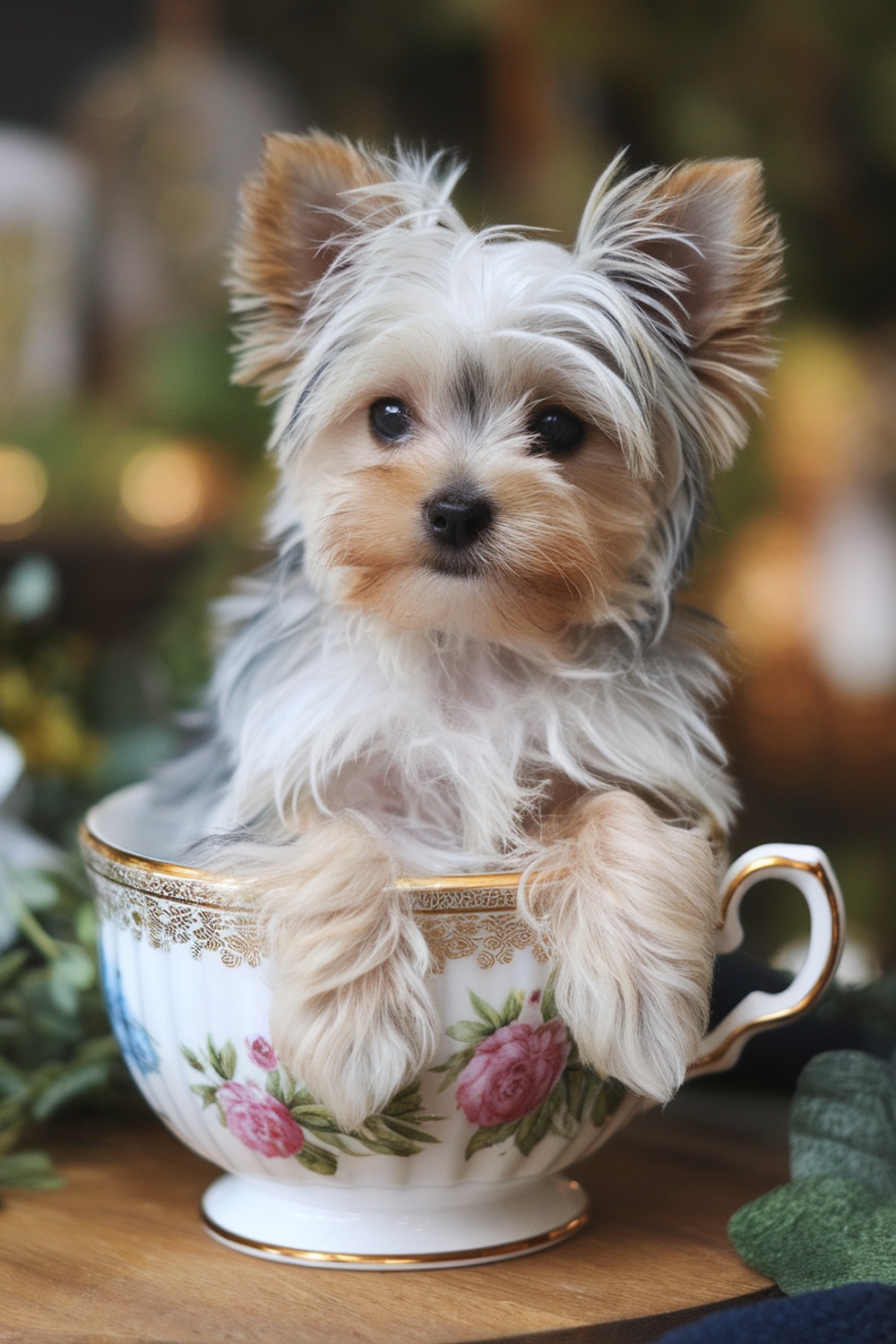 A Yorkie puppy sitting in a decorative teacup, showcasing its adorable features.