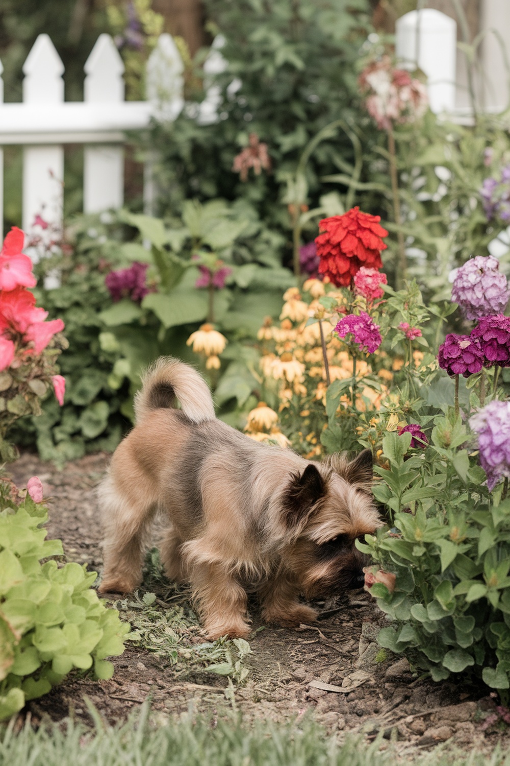 A Cairn Terrier exploring a colorful garden filled with flowers.