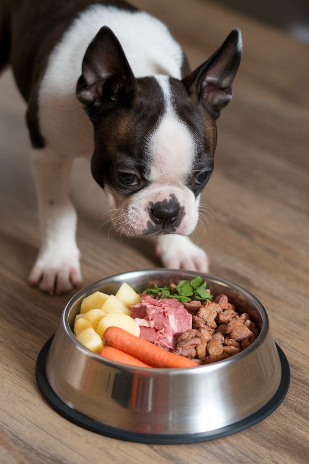A Boston Terrier puppy looking at a bowl of homemade food with meat, vegetables, and kibble.