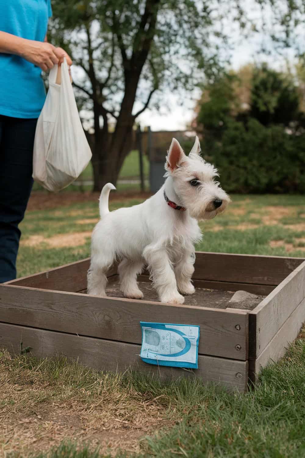 A Scottish Terrier puppy standing in a wooden box with a person nearby, preparing for potty training.
