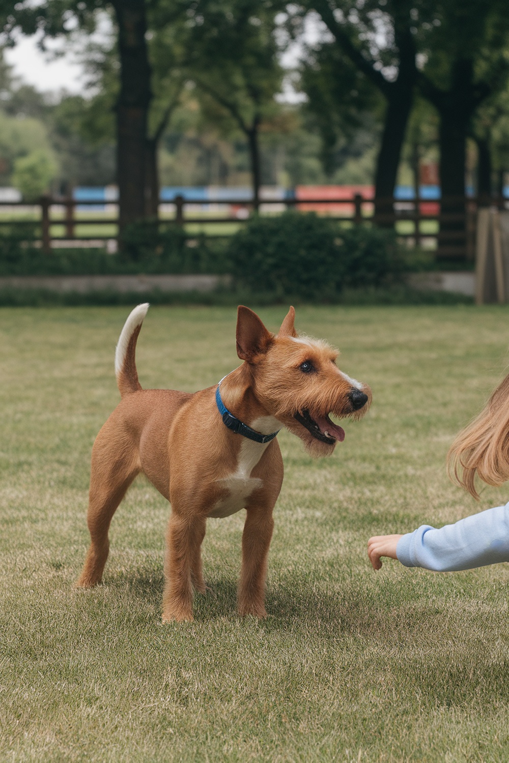 An Irish Terrier happily interacting with a child in a grassy park.