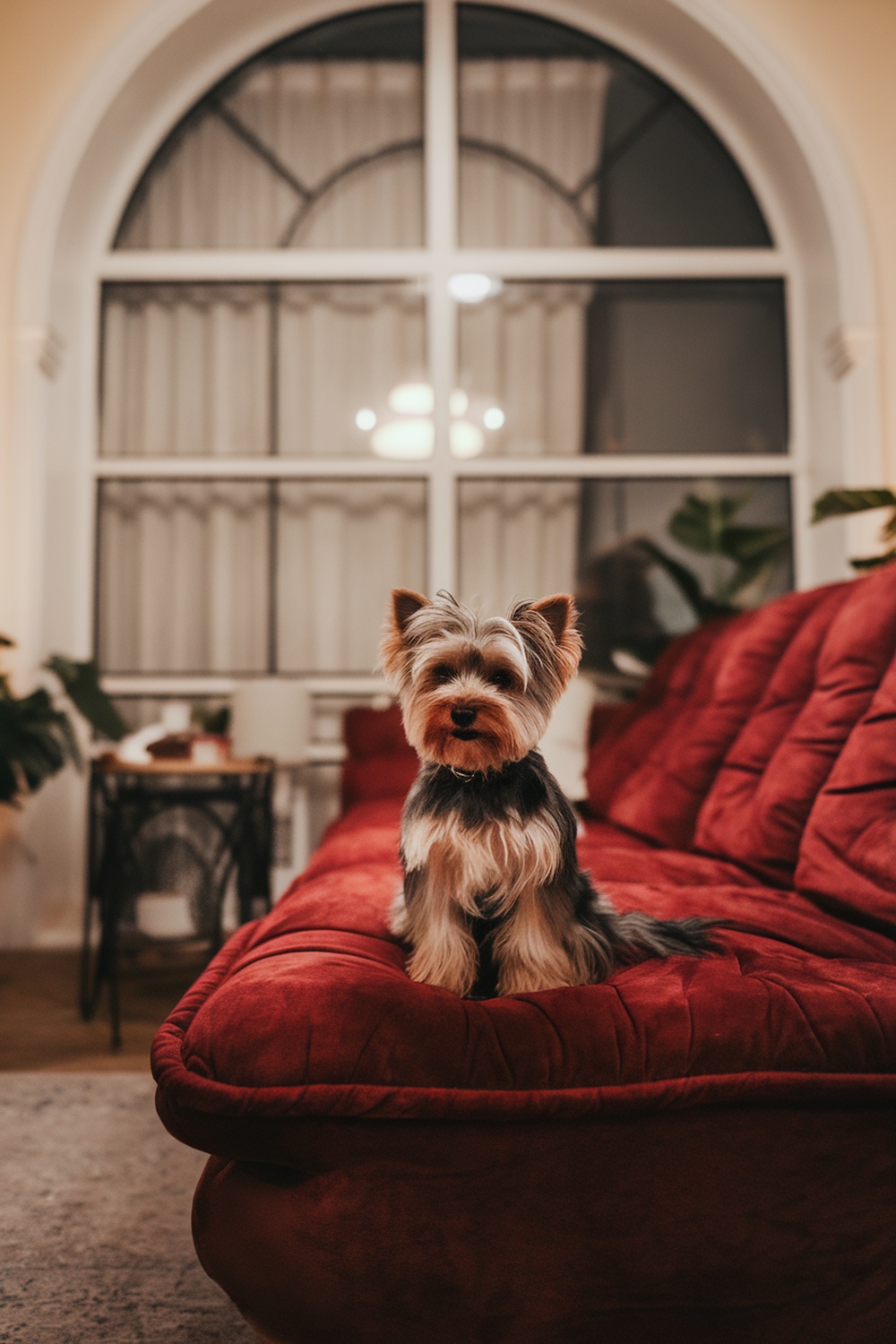 A Yorkie Poo sitting on a red couch in a cozy living room