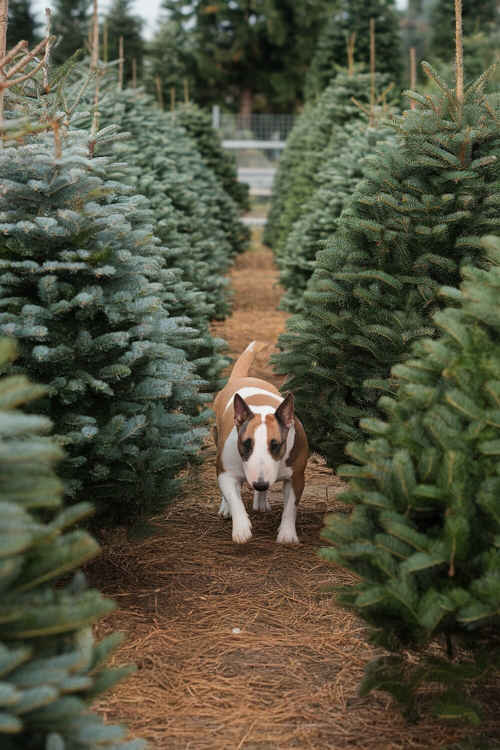 Bull Terrier walking through a Christmas tree farm surrounded by evergreen trees.