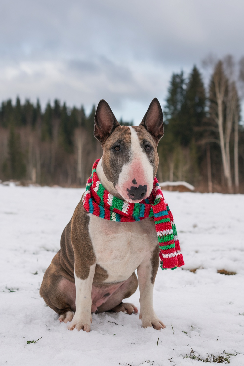 Bull Terrier wearing a colorful festive scarf in the snow