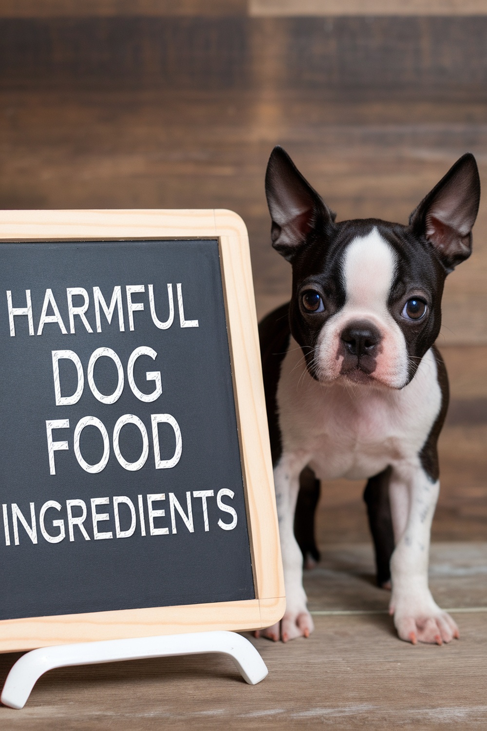 A Boston Terrier puppy next to a sign that reads 'HARMFUL DOG FOOD INGREDIENTS'