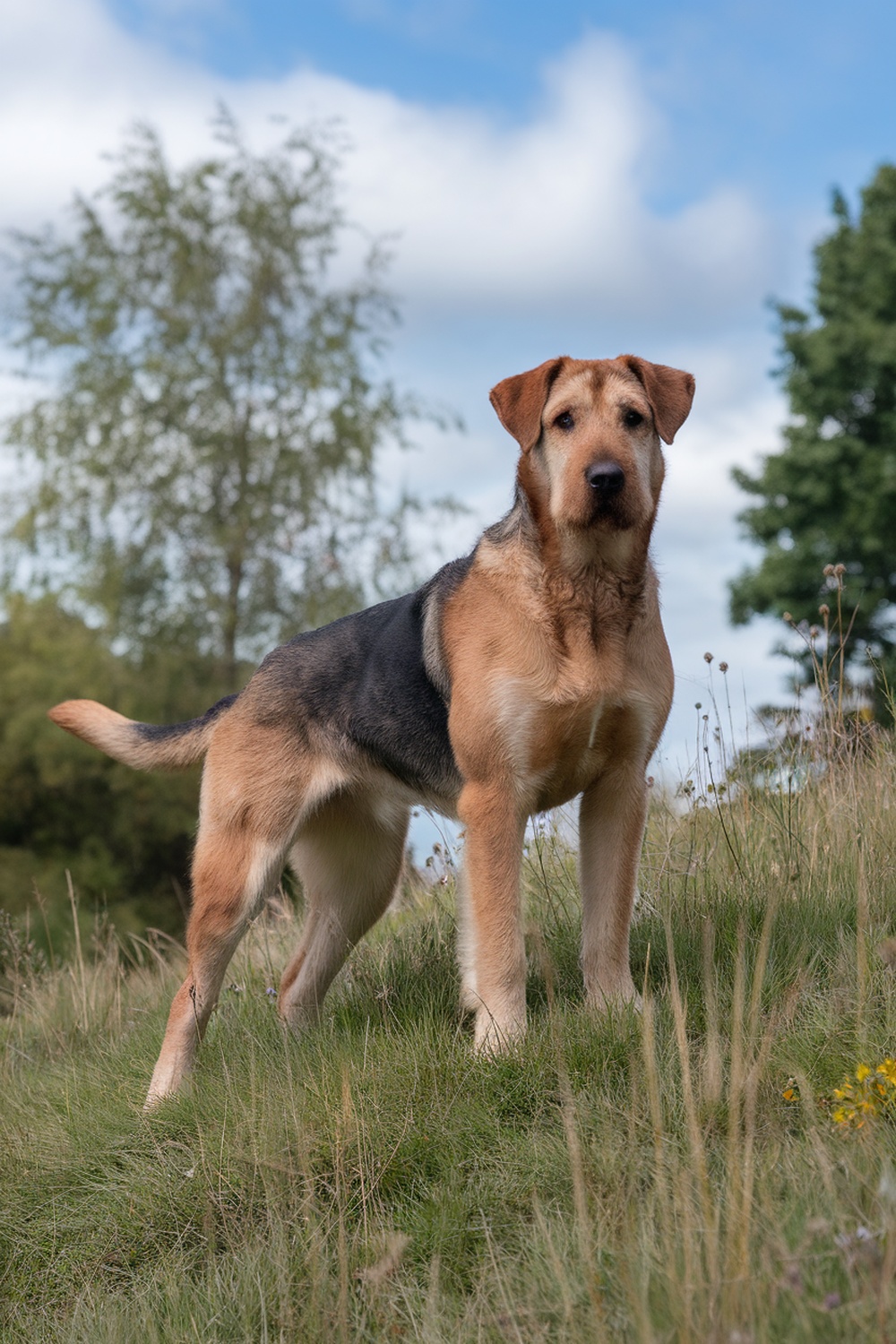 Airedale and German Shepherd mix standing in a grassy field.