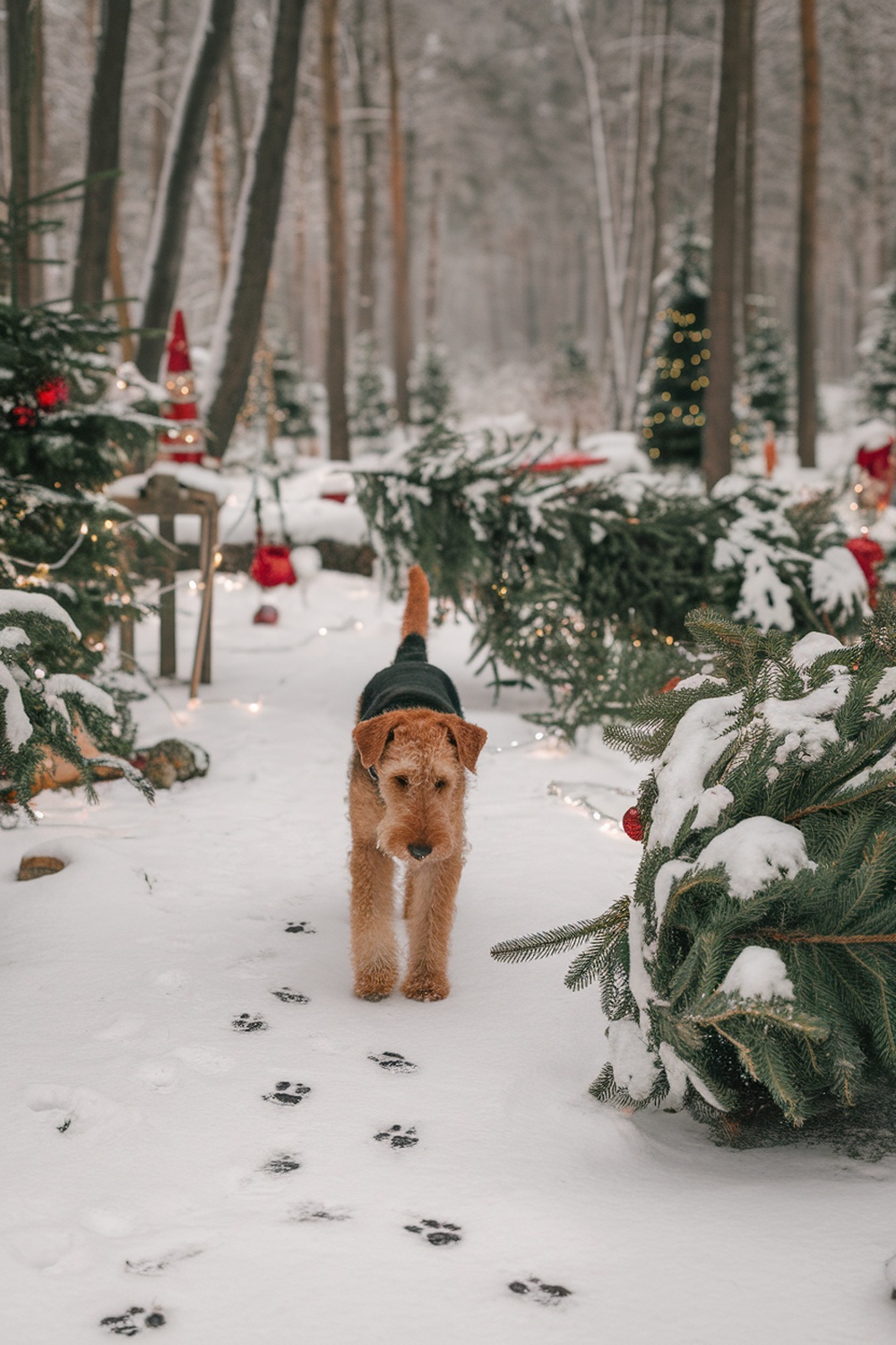 Airedale Terrier walking through a snowy forest decorated for Christmas.