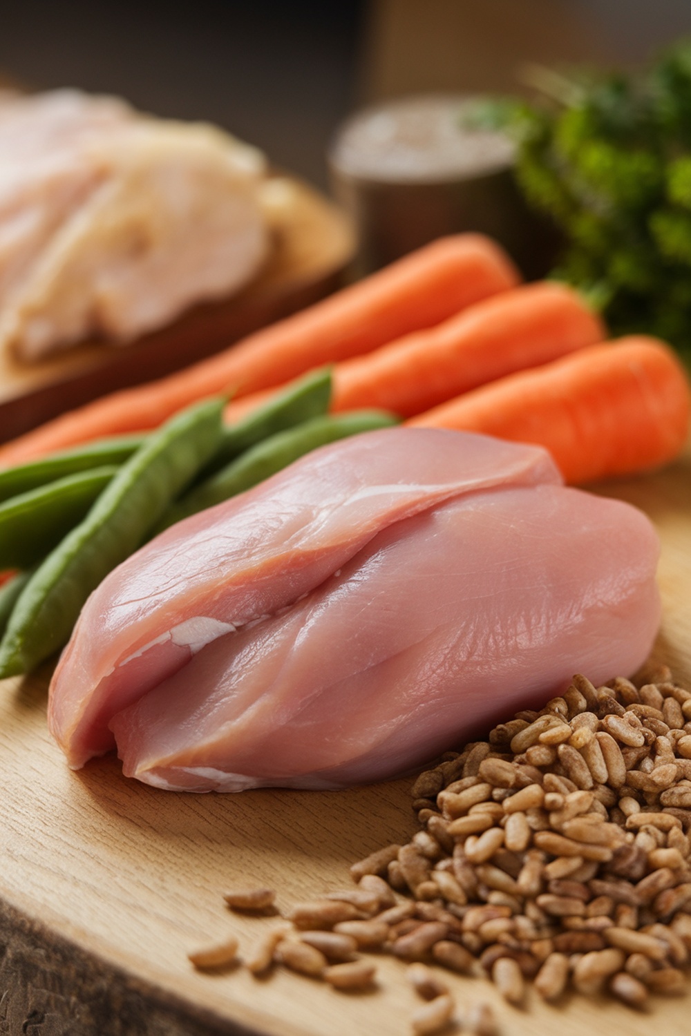 Fresh chicken, carrots, green beans, and grains on a wooden cutting board.