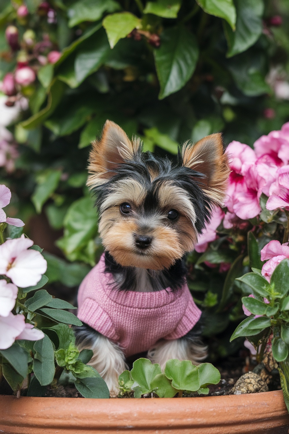 Yorkie puppy in a flower pot surrounded by flowers.