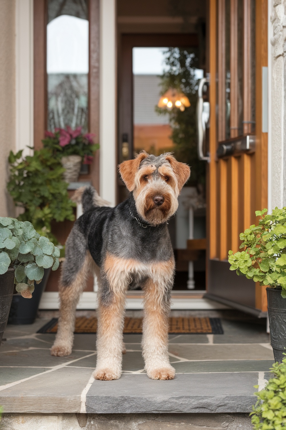 Airedale Terrier standing at the entrance of a home.