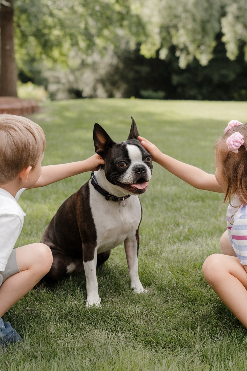 A Boston Terrier being petted by two children in a grassy area.