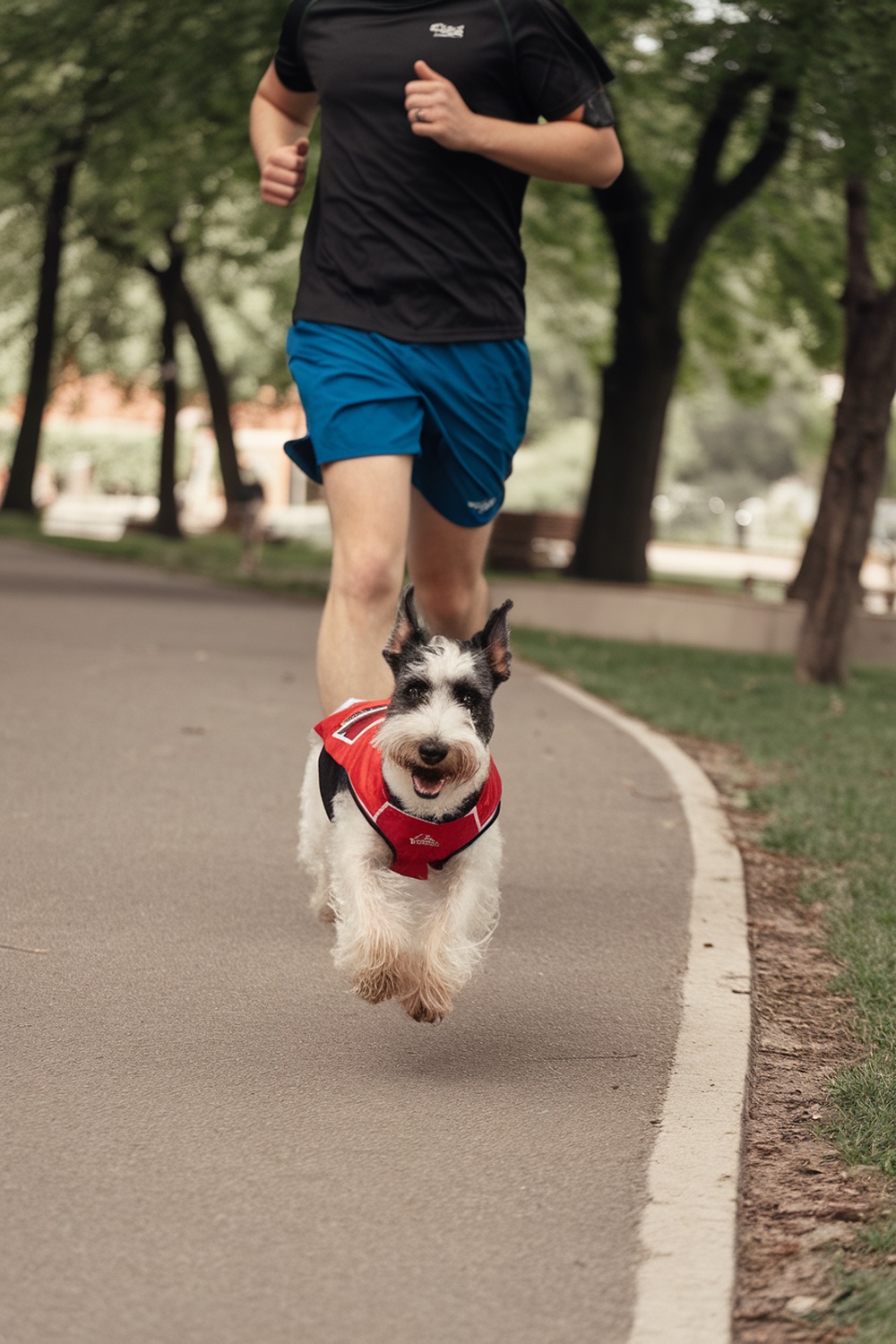 An Irish Terrier running alongside a person in a park.