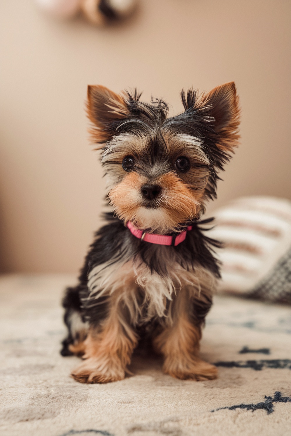 A cute Yorkie puppy with big eyes and fluffy fur, showcasing a playful expression.