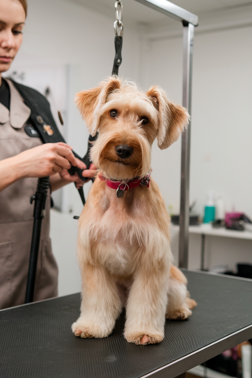 Airedale and Maltese mix dog being groomed.