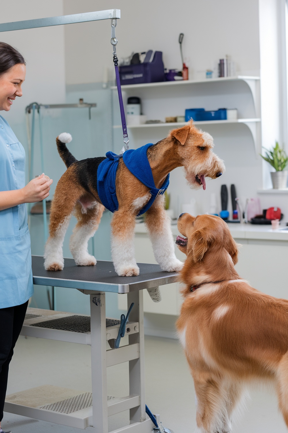 Airedale Terrier being groomed with a friendly Golden Retriever nearby.